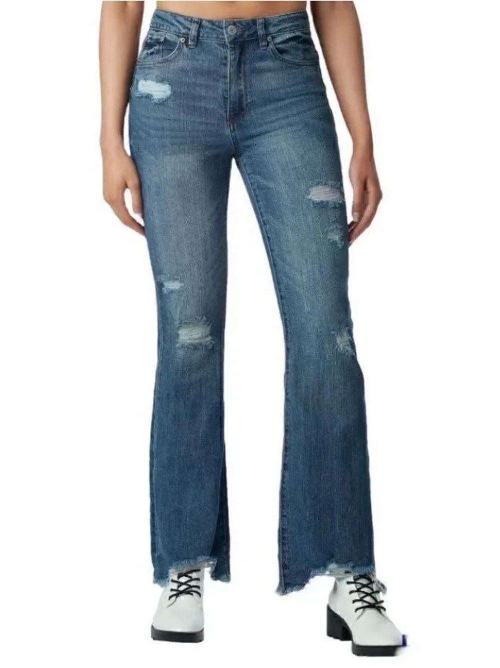 Almost Famous | Women’s Medium Blue Denim Distressed High-Rise Flare Jeans Sz 7